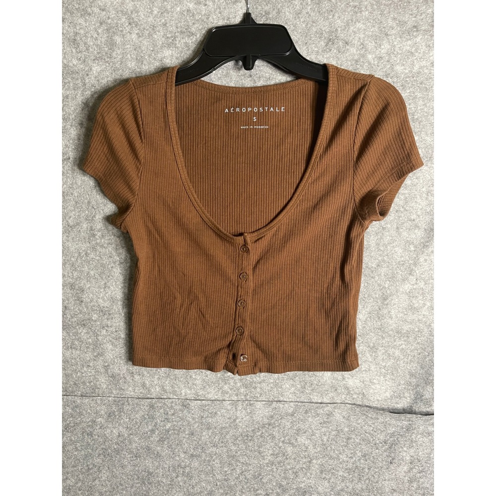 Aeropostale Brown Ribbed V-Neck Button Front Crop Top Small Short Sleeve Shirt